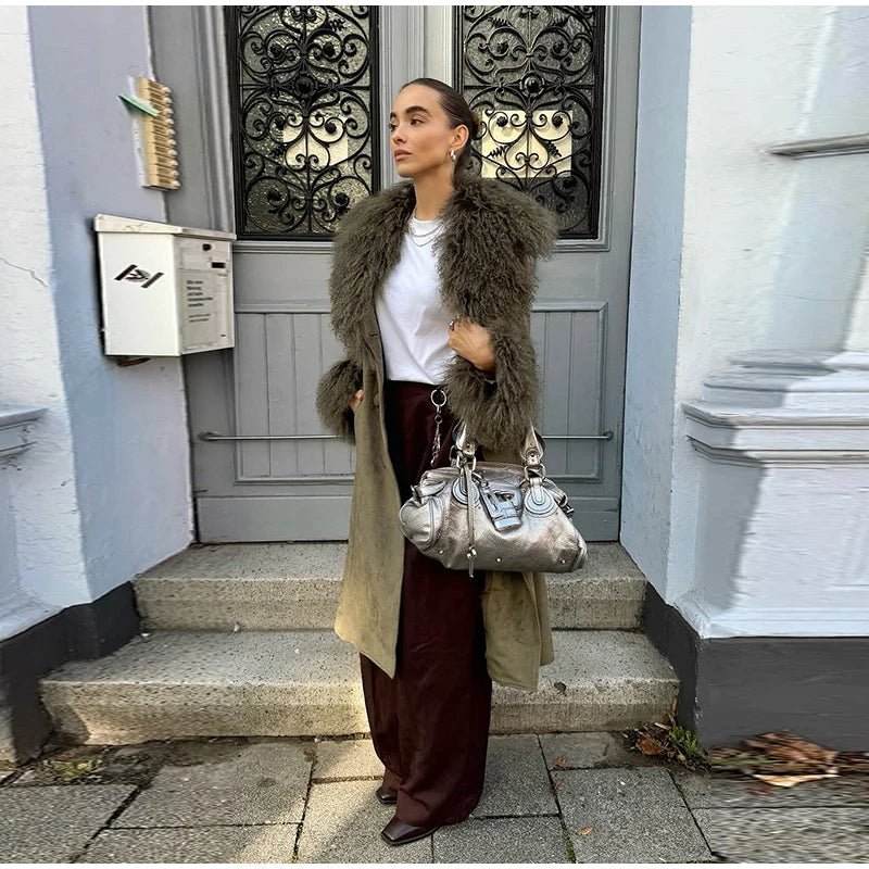 SOERA Teresa Patchwork Faux Fur Collar Coat - Coat - SOERA-191043-KHA-S-02499 S
