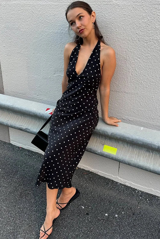 SOERA Bianca Polka Dot Halter Maxi Dress - Dress - Black L