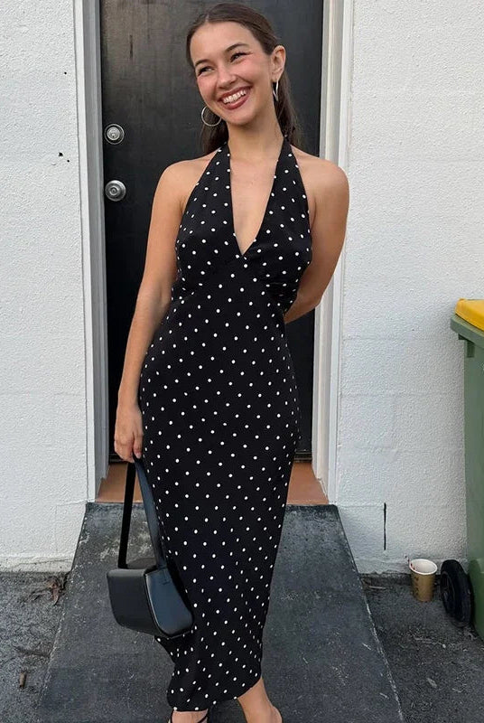 SOERA Bianca Polka Dot Halter Maxi Dress - Dress - Black M