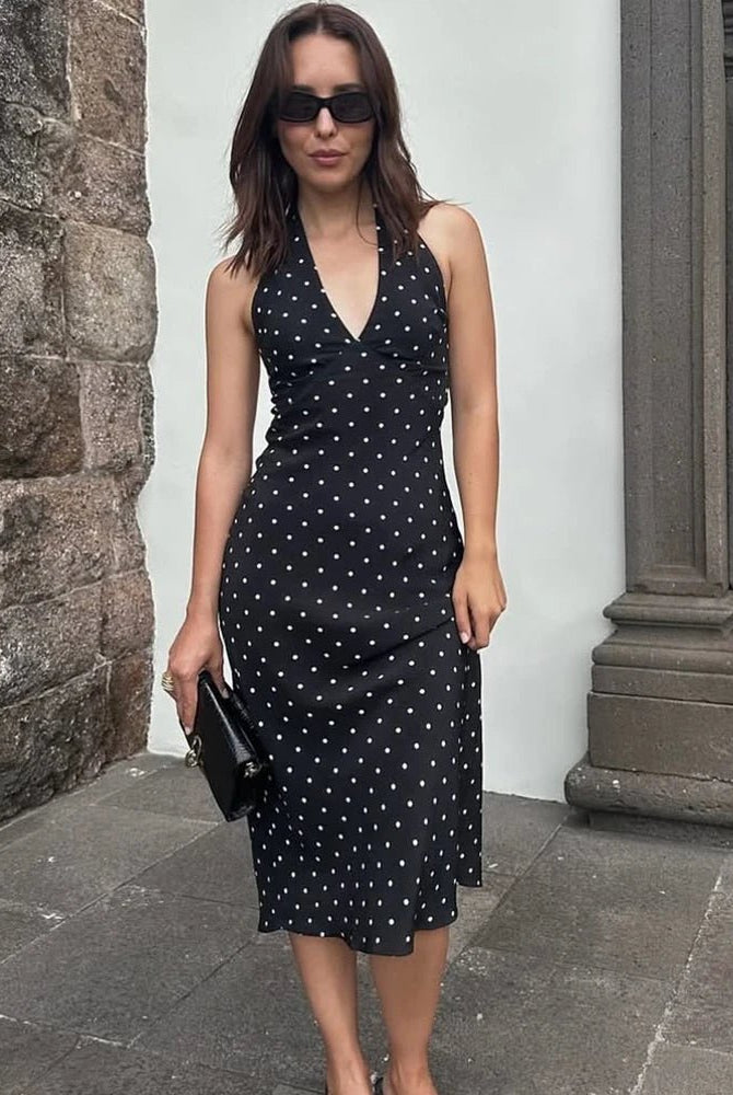SOERA Bianca Polka Dot Halter Maxi Dress - Dress - Black XS
