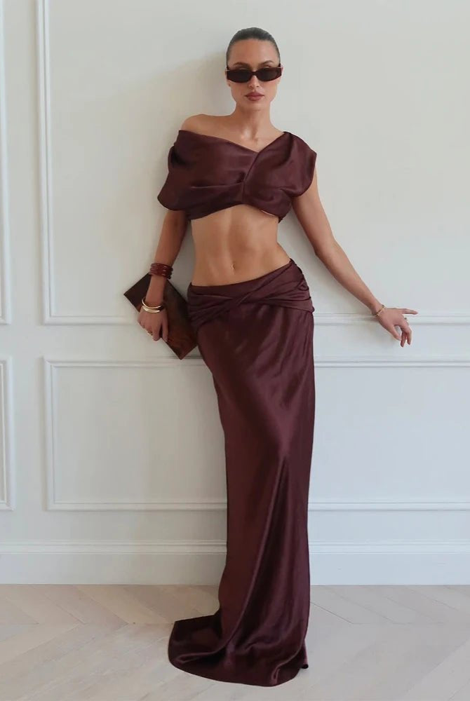 SOERA Arlette Satin Pleated Crop Top & Skirt Set - Set - Brown XS
