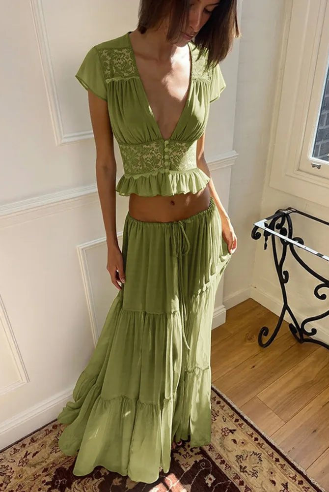 SOERA Morrigan Lace Chiffon Top & Skirt Set - Set - Green S