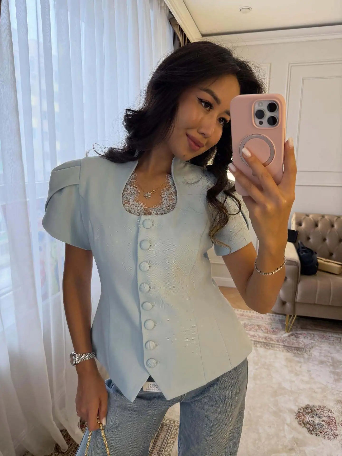 SOERA Bianca Button Front Stand Collar Top - Tops - Blue M