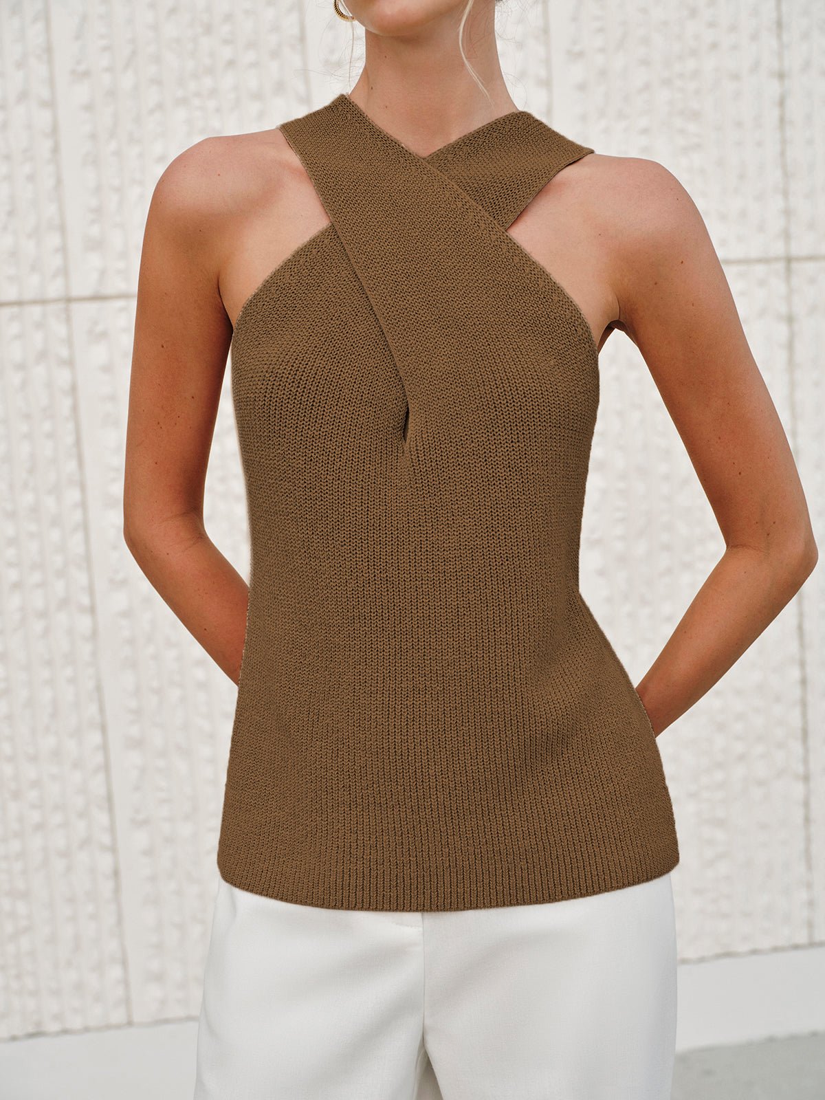 SOERA Ginny Halter Cross - Over Collar Tank Top - Tops - Brown XS