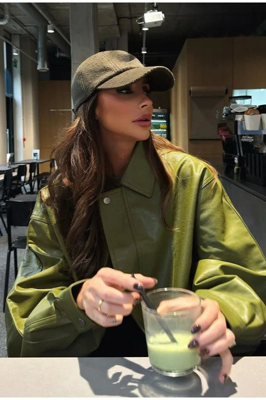 Bilge Vintage Green Faux Leather Jacket