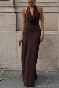 Naomi Brown Halter Backless Maxi Dress
