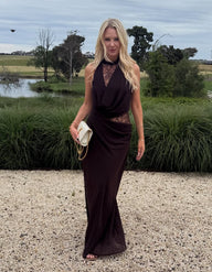 Vestido maxi patchwork de encaje halter Beatrice
