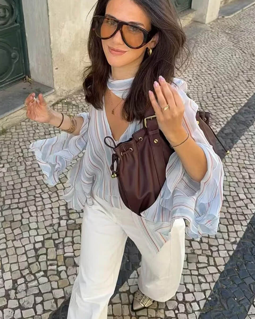 SOERA Hanna Stripe Ruffle Tie-Neck Blouse - Blouse - SOERA-479107-LIG-M-59075 Light Blue M