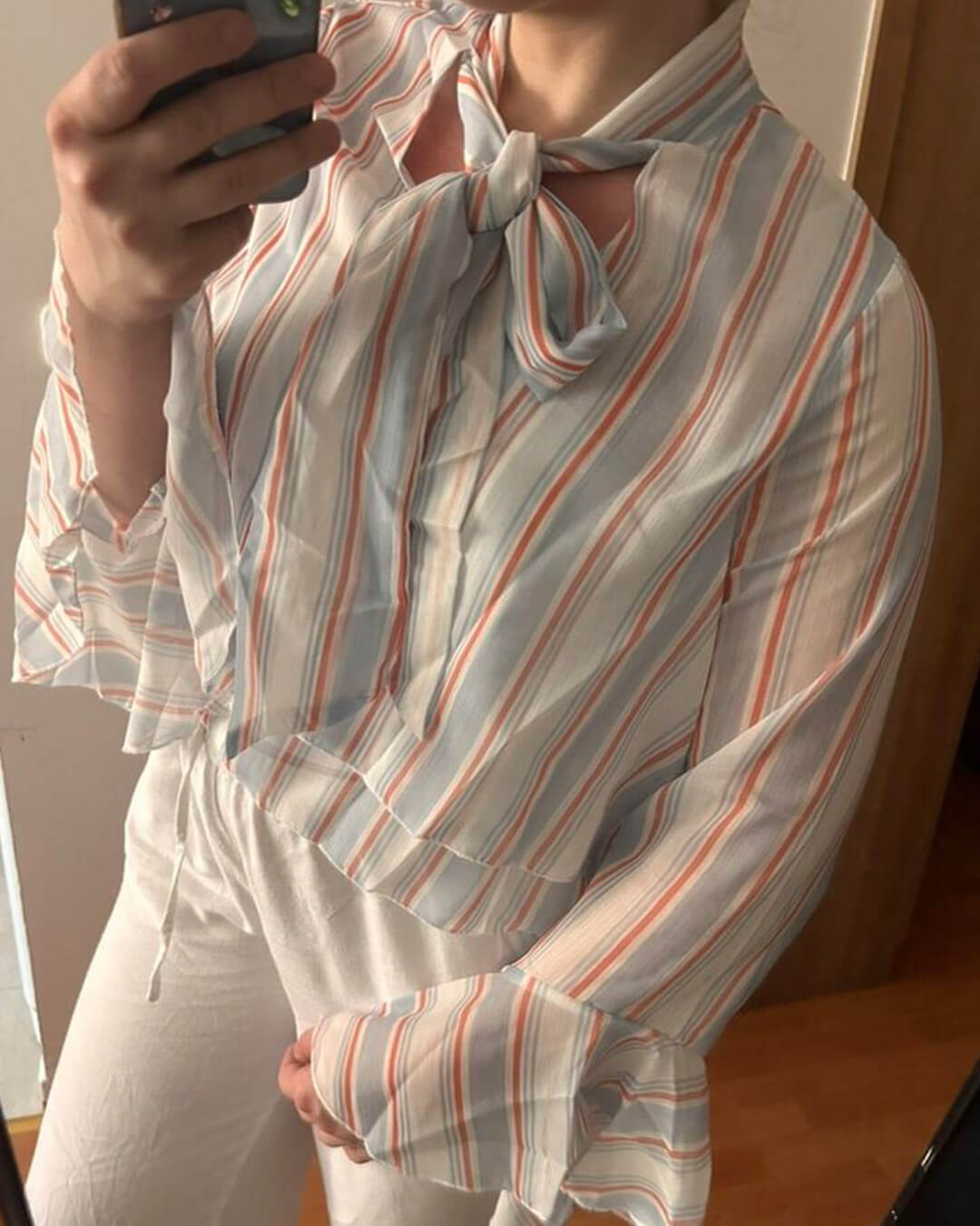 SOERA Hanna Stripe Ruffle Tie-Neck Blouse - Blouse - SOERA-479107-LIG-S-26307 Light Blue S