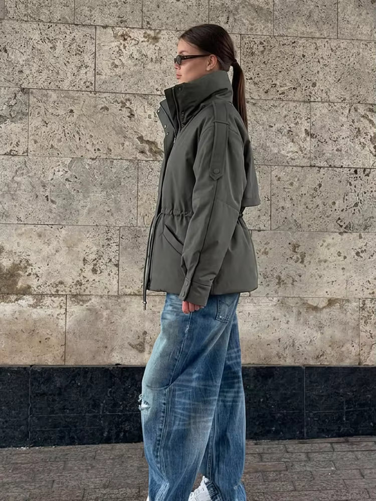 SOERA Mary Oversized Drawstring Waist Puffer Jacket - Coat -  Olive Green M