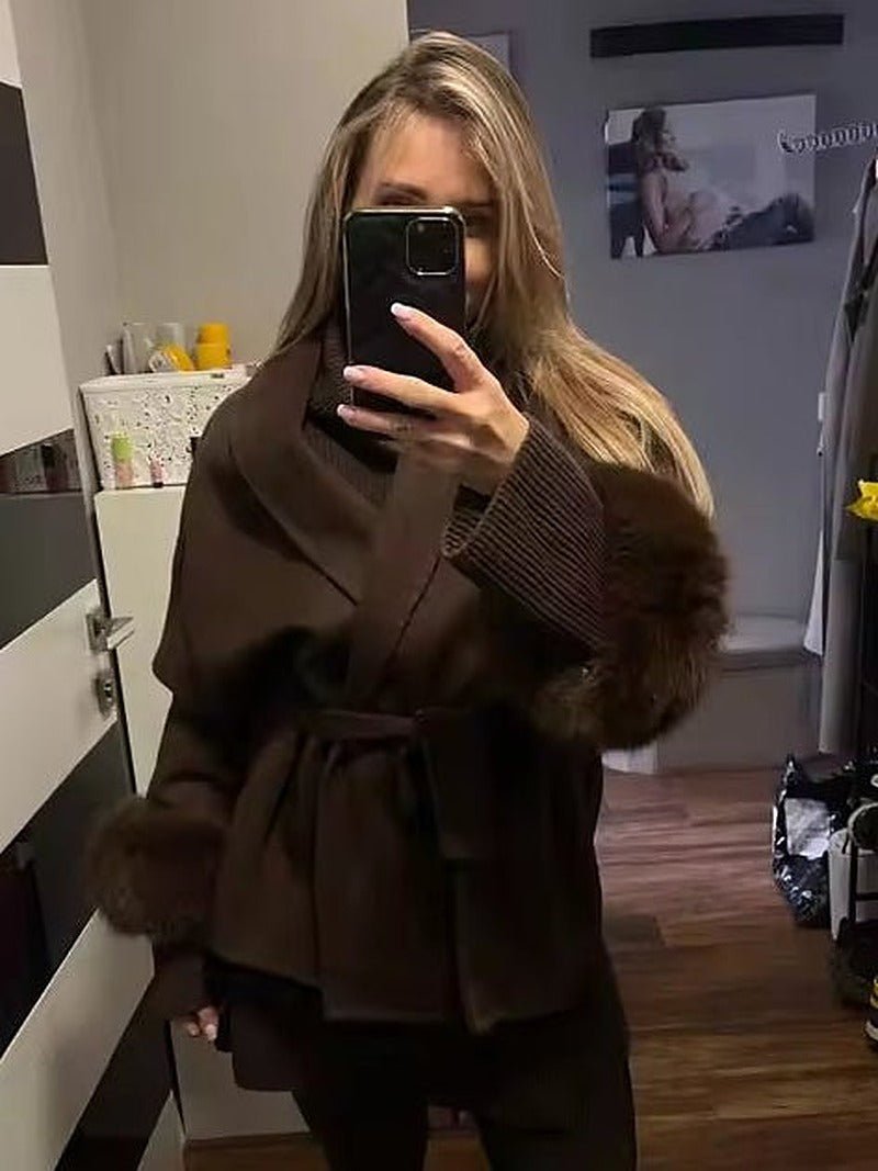SOERA Wool Wrap Coat with Fox Fur Cuff - Coats & Jackets - 3256809512722732-;qd1766845283309223046 Short Coffee S