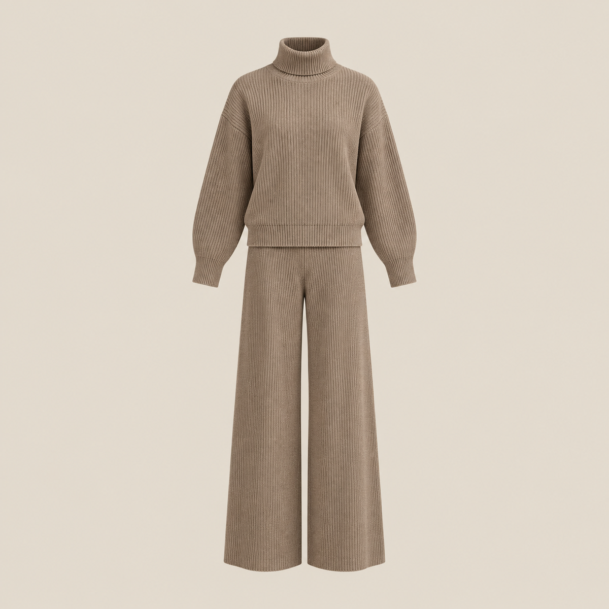 Taupe knit sweater and trousers set on a warm beige background