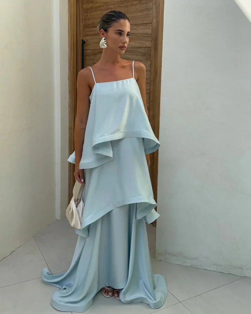 SOERA Nadia Tiered Ruffle Satin Maxi Dress - Dress - SOERA-288579-BLU-M-56771 Blue M