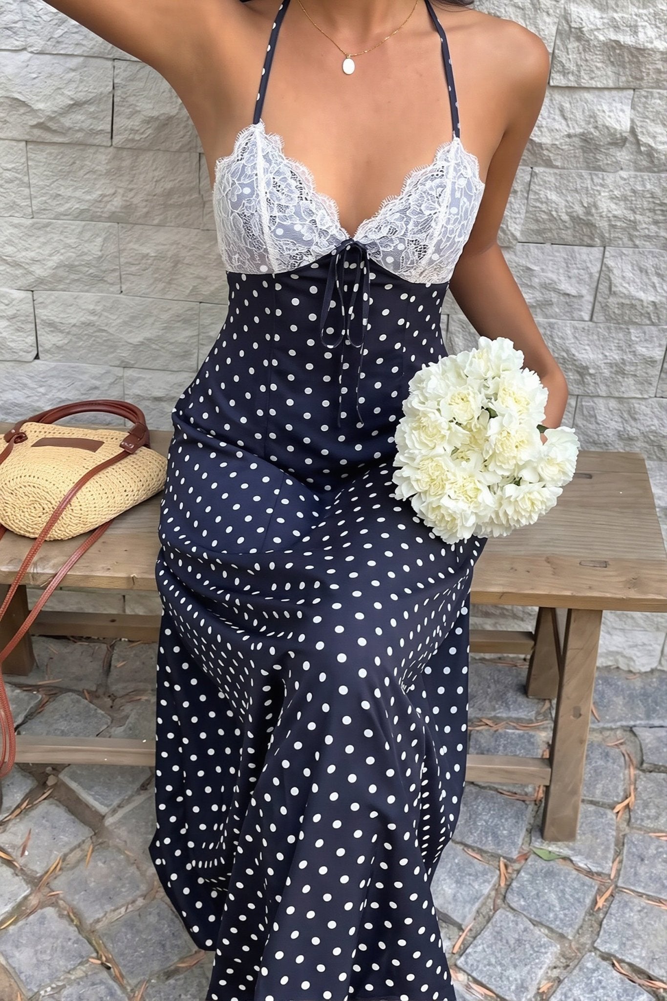 SOERA Zoe Polka Dot Halter Maxi Dress - Dress - SOERA-358339-NAV-M-36323 Navy Blue M