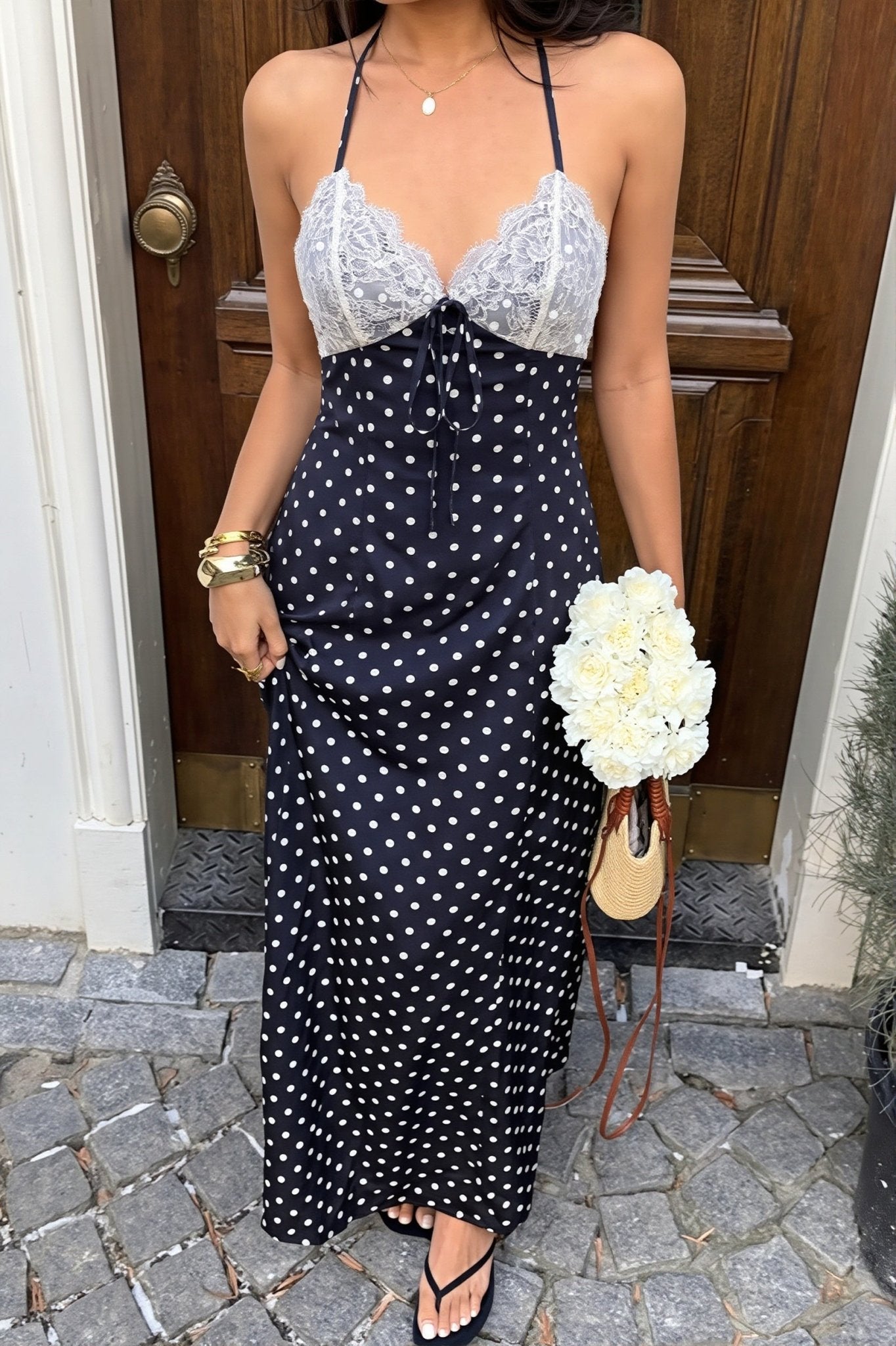 SOERA Zoe Polka Dot Halter Maxi Dress - Dress - SOERA-358339-NAV-S-03555 Navy Blue S