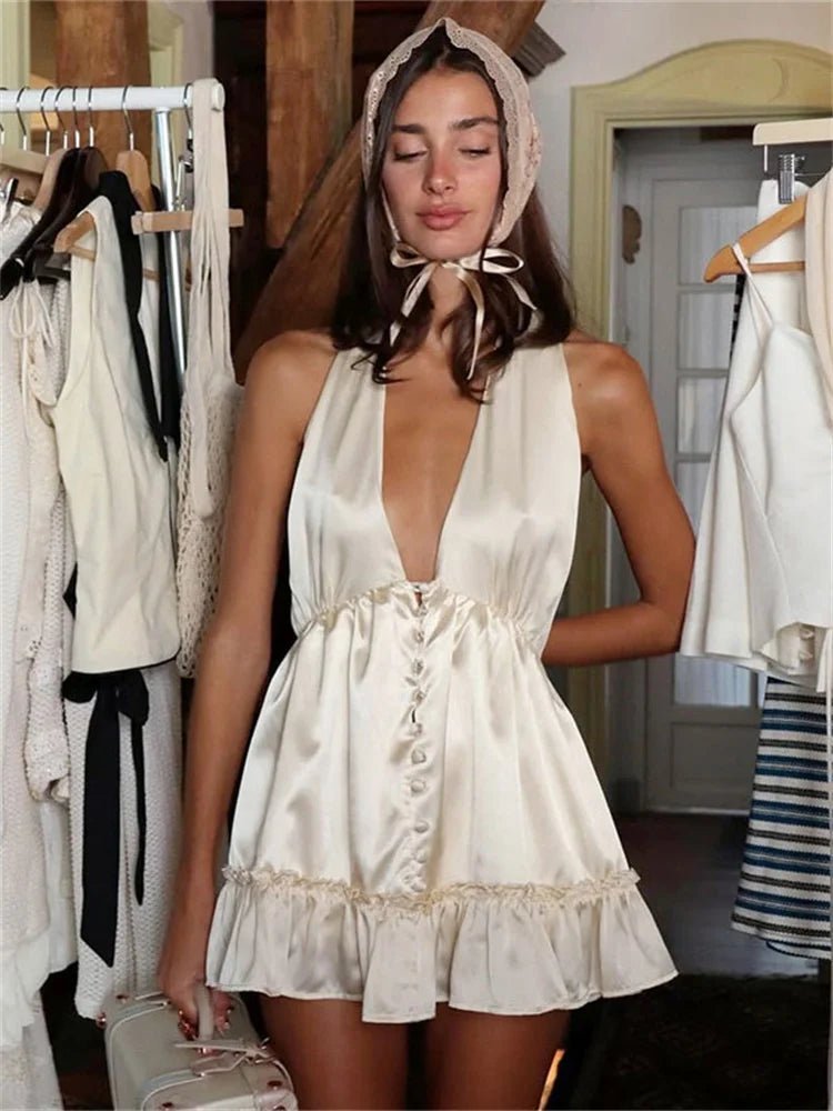 SOERA Amara Satin V-Neck Mini Dress - Dress - SOERA-468419-DEF-OS-69123 Beige XS
