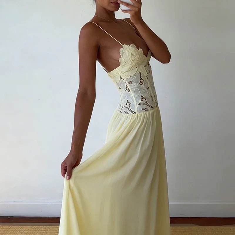 SOERA Celeste Lace Mesh Halter Evening Dress - Dress -  Yellow L