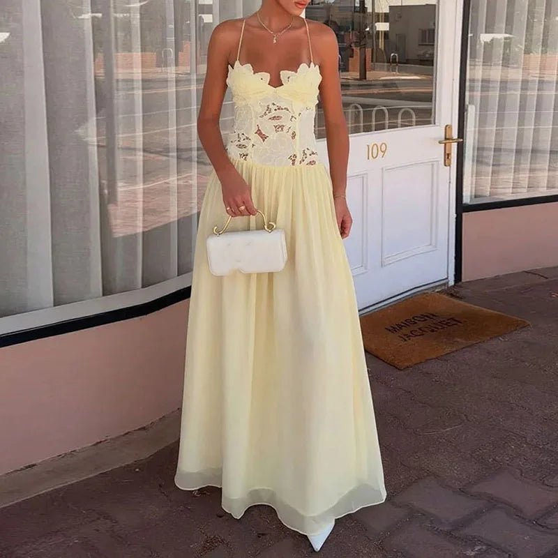 SOERA Celeste Lace Mesh Halter Evening Dress - Dress -  Yellow XS