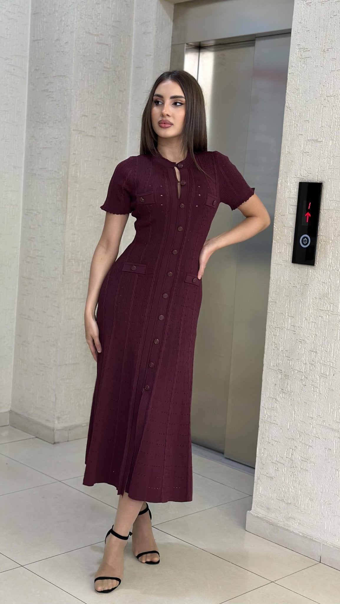 SOERA Erlinda Button - Front Knit Midi Dress - Dress -  Burgundy M