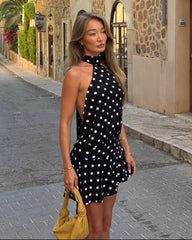 Serena atvira nugaros polka taškų halterio mini suknelė