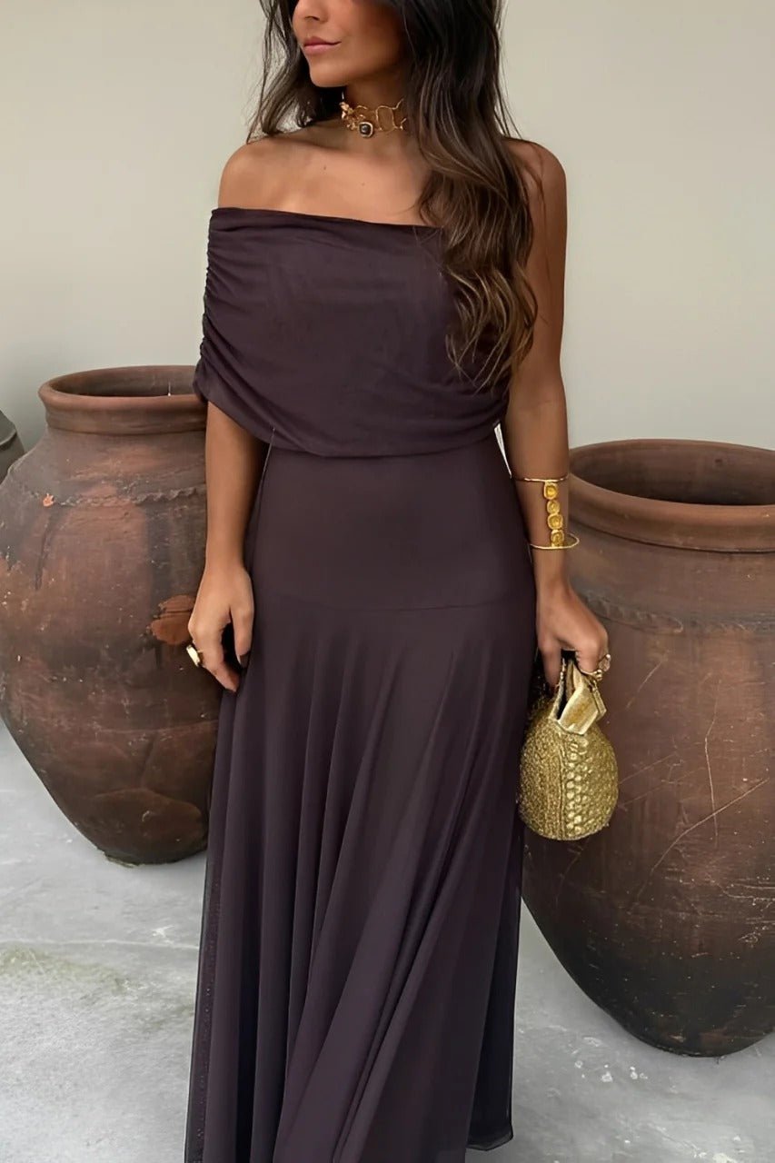 SOERA Sienna Off-Shoulder Ruched Maxi Dress - Dress - SOERA-616515-S-BROWN-71651 Brown S
