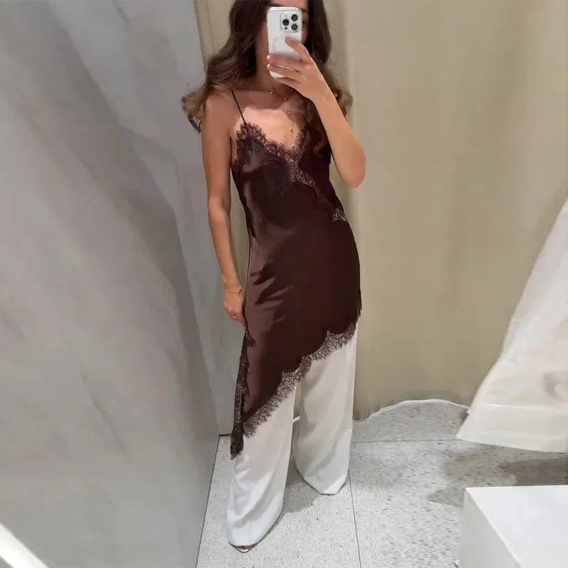 SOERA Arah Asymmetric Satin Lace Midi Dress - Dresses - Ad1760544073335996236 Brown Dress M
