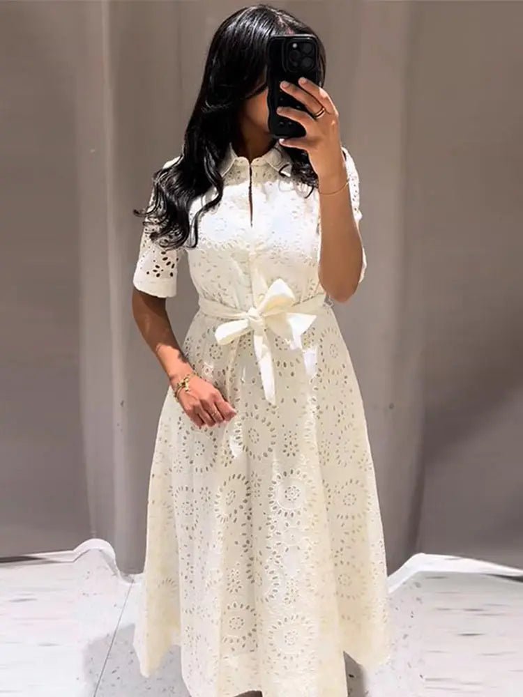 Merida Embroidered Belted Midi Dress