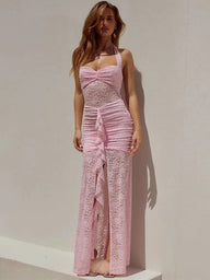 Vestido largo halter drapeado de encaje Selene