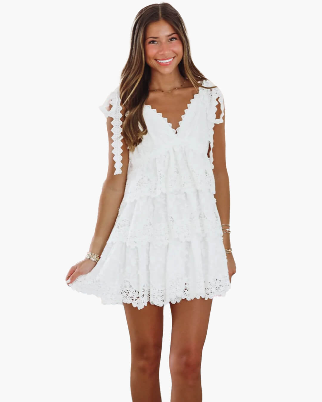 SOERA Sophia V - Neck Tiered Lace Mini Dress - Dresses -  White XL