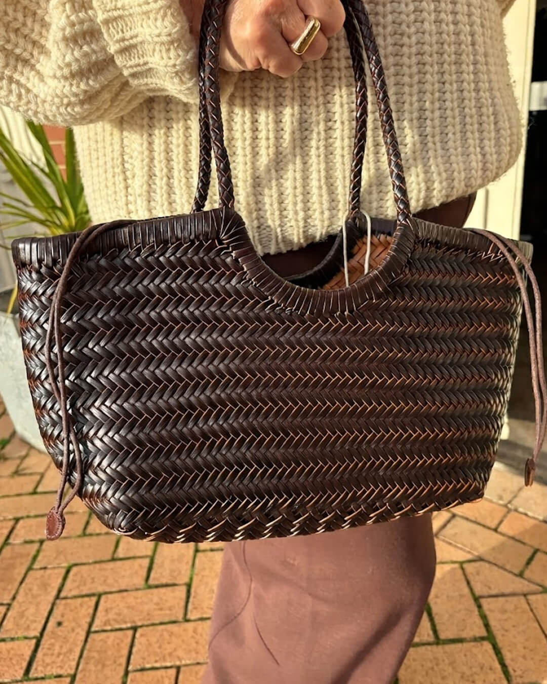 SOERA Bianca Handwoven Vegan Leather Tote Bag - Handbags - DBAD2-CC510001 Coffee Large