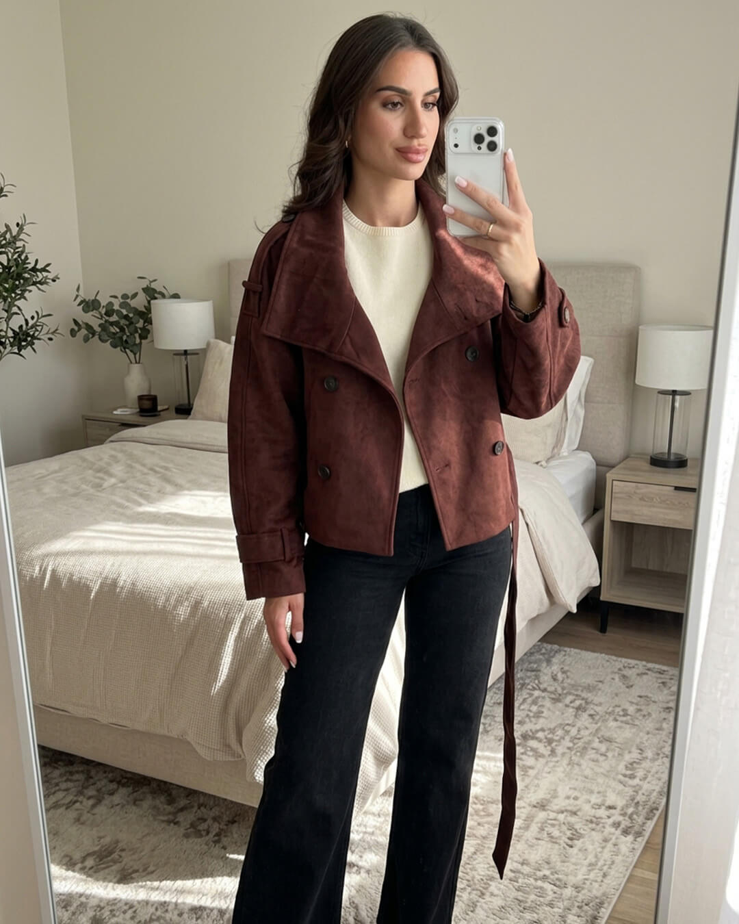 SOERA Audrey Funnel Neck Faux Suede Belted Jacket - Jacket - SOERA-107651-BUR-M-76739 Burgundy M