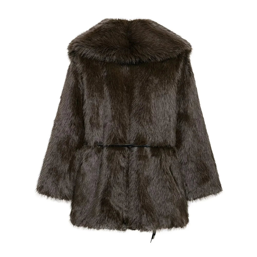 SOERA Faith Faux Fur Coat with Belt - Jackets - 3256807954805802-;hY1763625122209170948 Dark Brown S