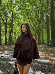 Arianne Elegant High-Neck Belted Cape Jacket