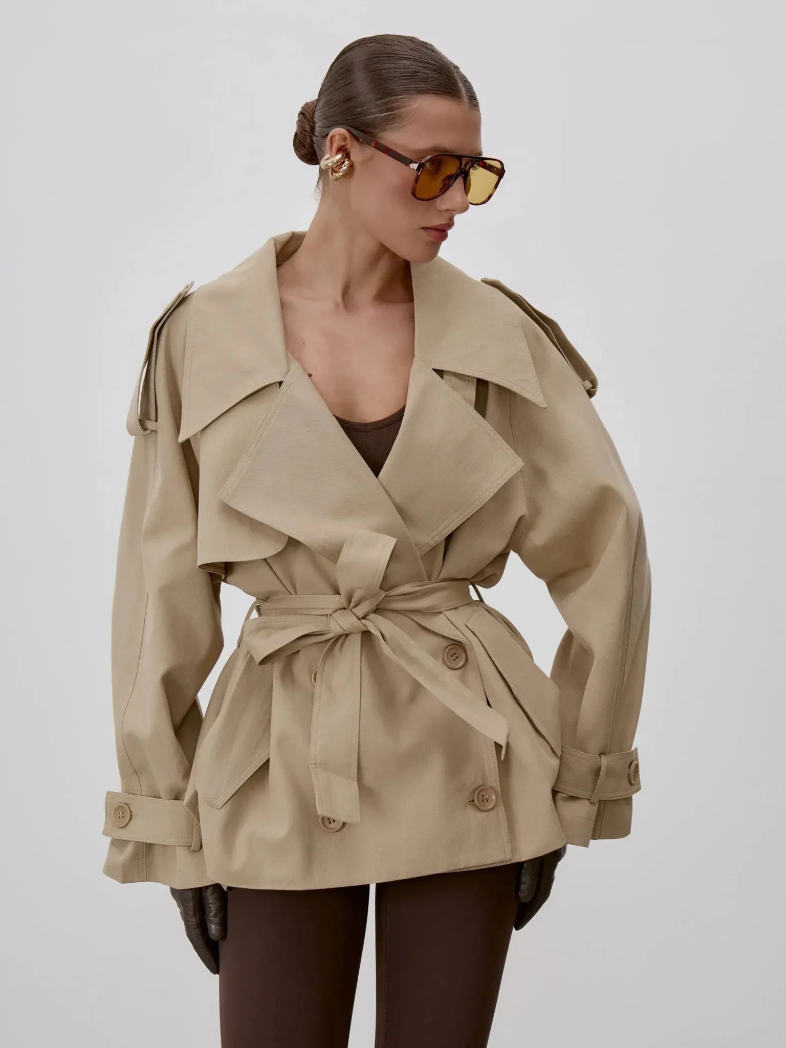 SOERA Sonia Lace Up Stand Collar Trenchcoat - Jackets - 1005011734952768-;Ni1773321573271304204 Beige S