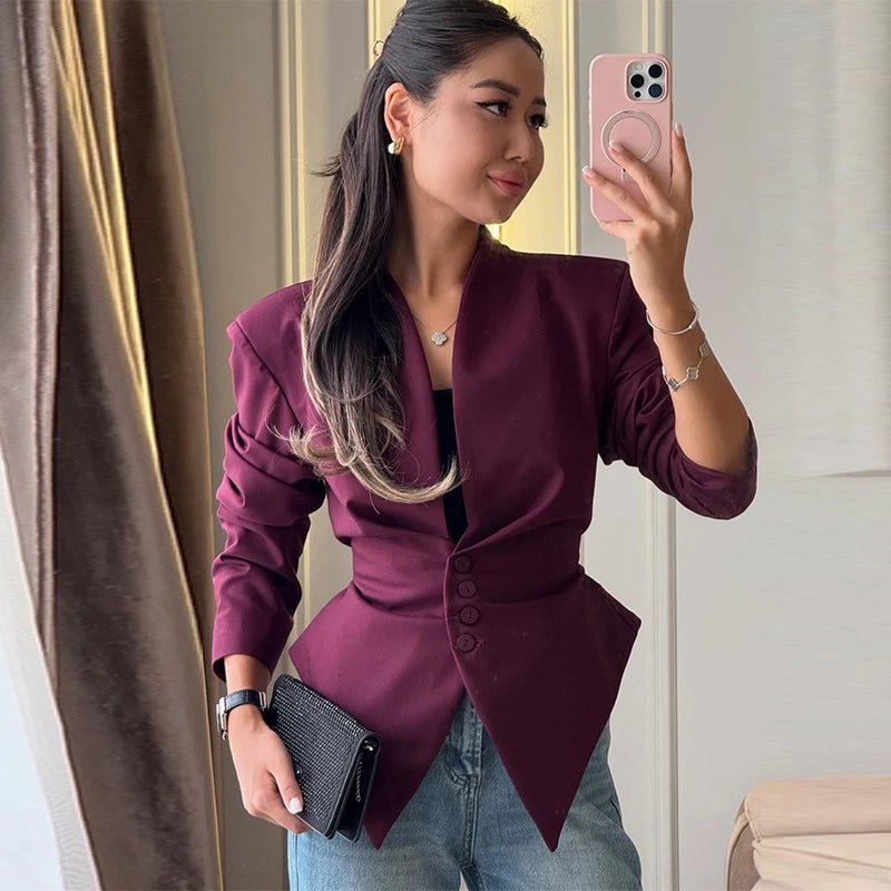 SOERA Tricia Structured Shoulder Cinched Blazer - Jackets - 1005011660132024-;lF1772045930021932226 Burgundy S