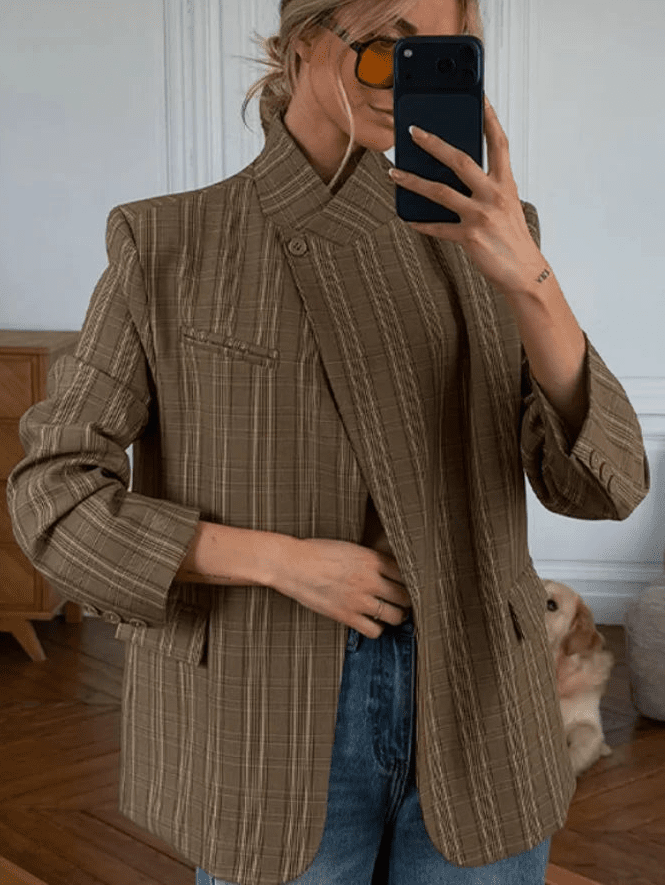 SOERA Wilma Stand Collar Striped Suit Jacket - Jackets - Uh1774532669736966268 L