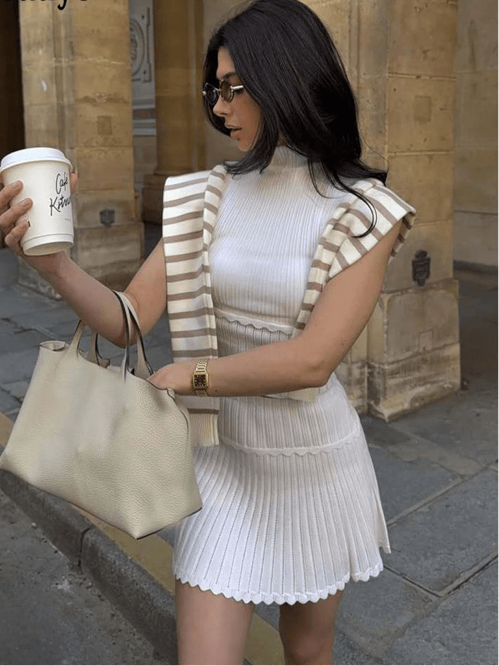 SOERA Bianca Two - Piece Knitted Crop Top & Pleated Mini Skirt Set - Matching Sets -  White S