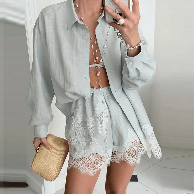 SOERA Celeste Lace Patchwork Beach Shirt Set - Matching Sets -  Light Grey S