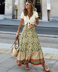 Rhea boho midi krilo s potiskom, zibajo krojenje