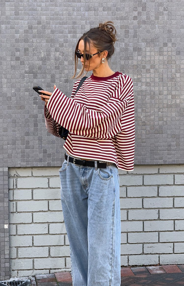 SOERA Vivien Striped Oversized Knit Sweater - Sweater - SOERA-362307-BUR-XS-86947 Burgundy XS