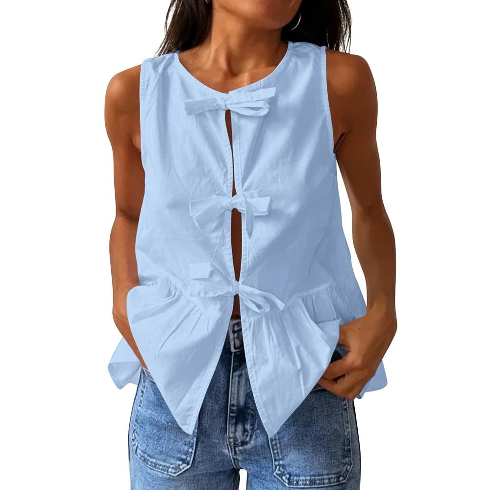 SOERA Bianca Bow - Tie Peplum Tank Top - Top -  Blue S
