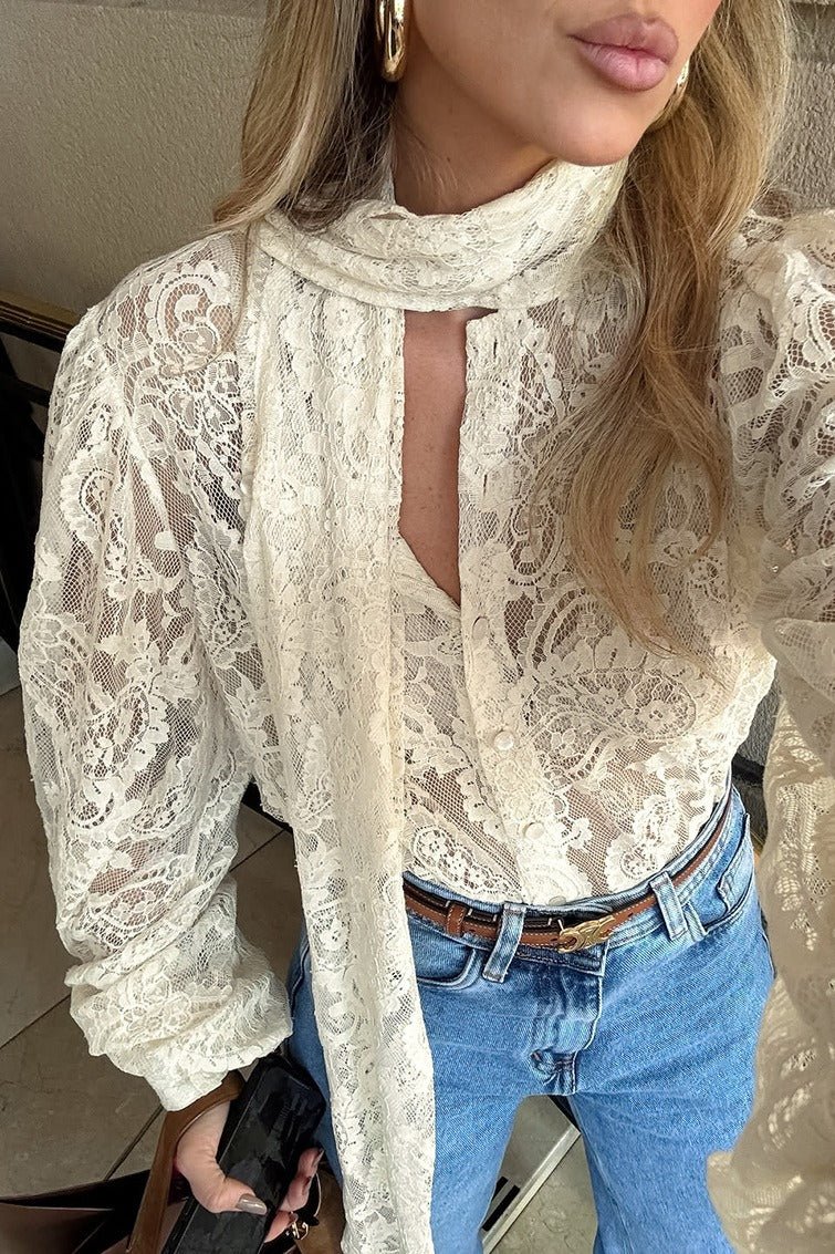 SOERA Dunja Sheer Lace Tie Blouse - Tops -  Beige L
