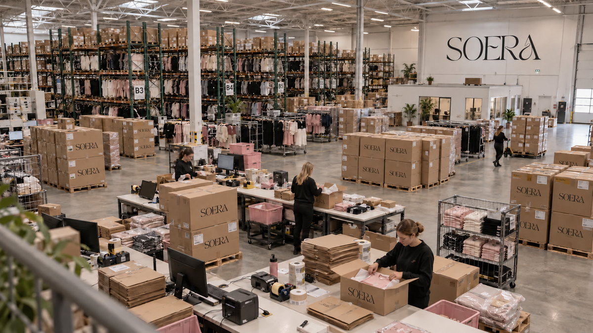 AI-generated SOERA warehouse concept with a packing team, clothing racks, and the official SOERA logo on the wall and shipping cartons
