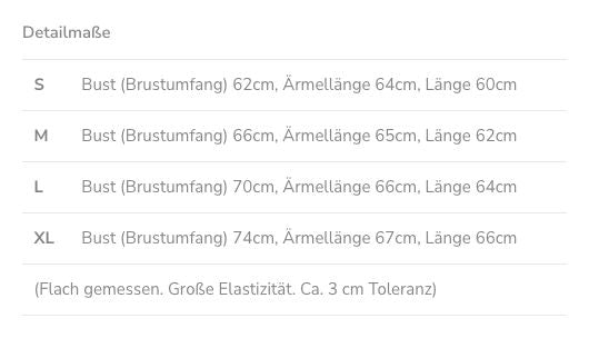 Produktbeschreibung des Sara Tops: Maße für S, M, L und XL mit einem Hinweis zur flachen Messung.